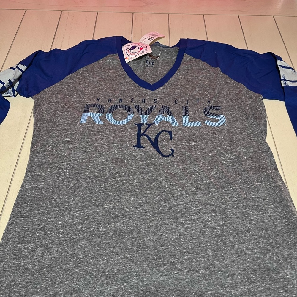MLB Kansas City Royals Grey & Royal Blue Raglan Long Sleeve Tee